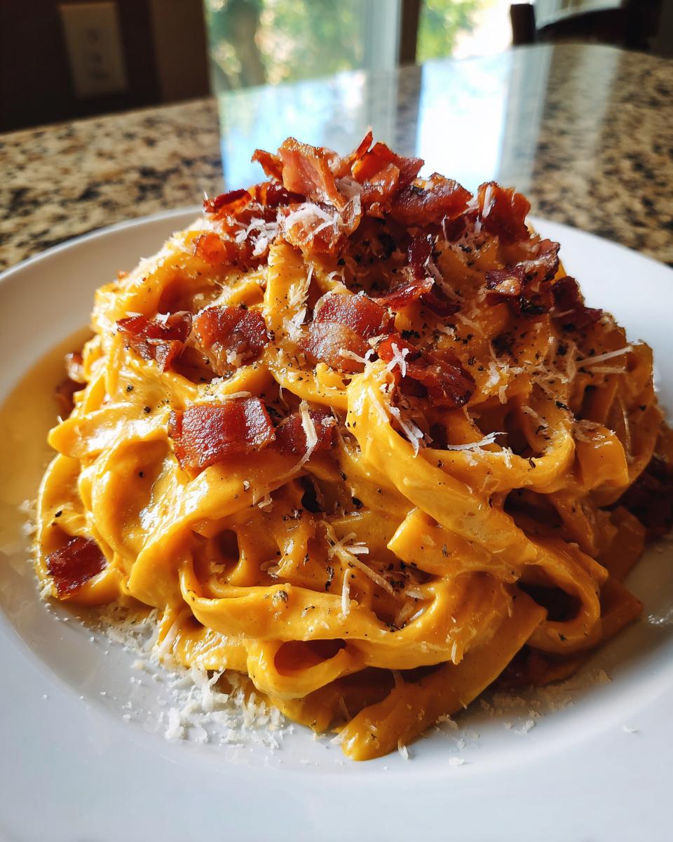 A close-up of rich Pumpkin Alfredo Pasta tossed in creamy sauce, topped with crispy prosciutto and grated Parmesan cheese.