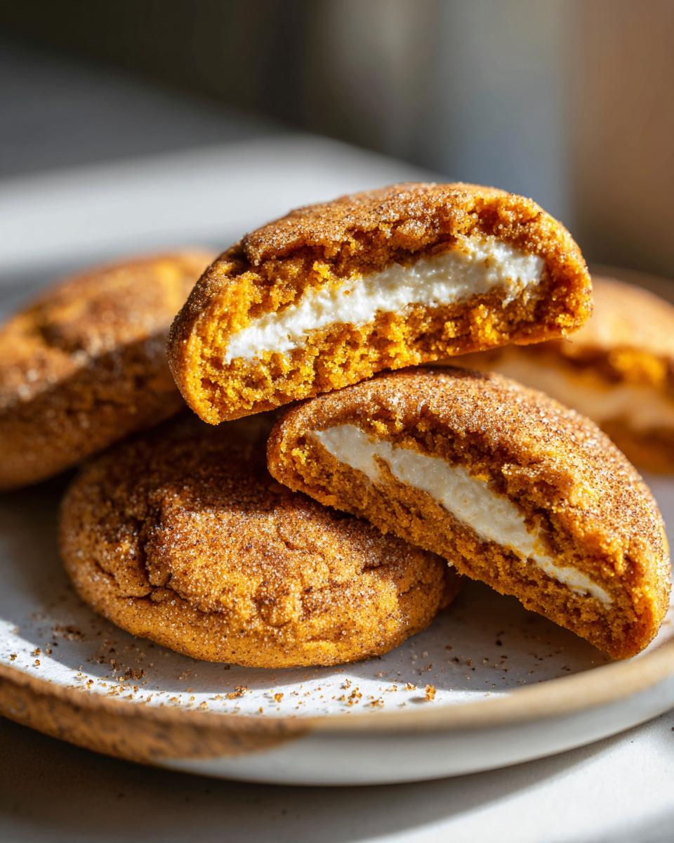 A stack of soft Pumpkin Cheesecake Cookies, one broken in half showing the thick white cream cheese filling.