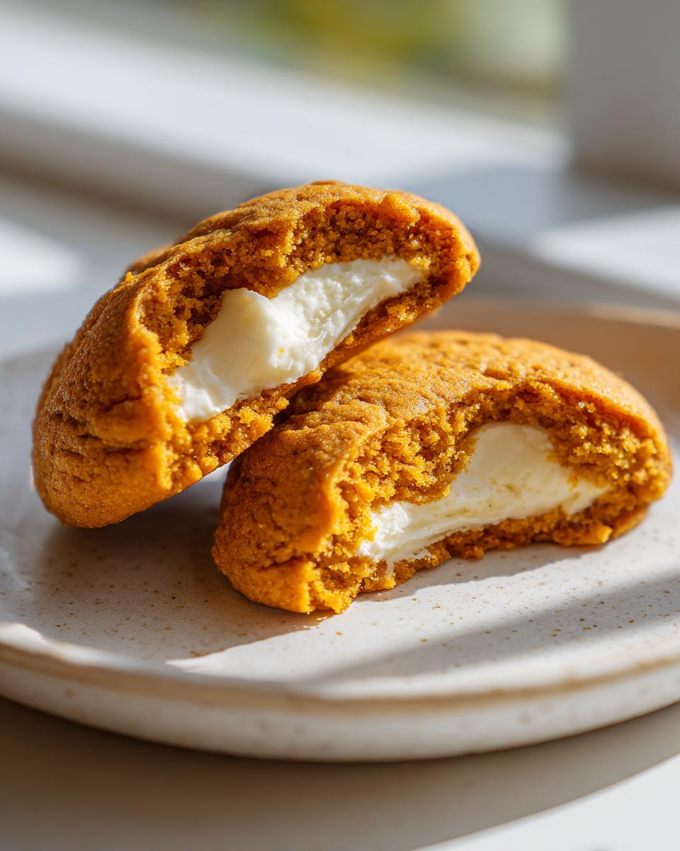 A close-up of a Pumpkin Cheesecake Cookie broken in half, revealing a rich, creamy white cheesecake filling inside the soft orange cookie.