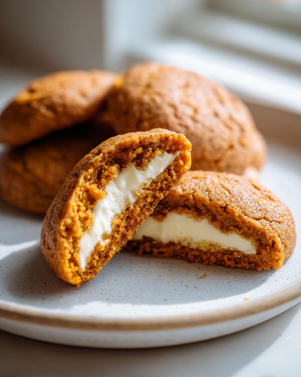 A close-up of a Pumpkin Cheesecake Cookie cut in half, revealing a thick, creamy white cheesecake filling inside the soft, orange-brown cookie.