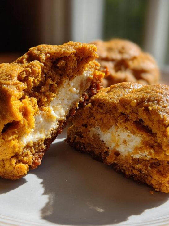 A close-up of a Pumpkin Cheesecake Cookie cut in half, revealing a creamy white cheesecake filling inside the soft, orange pumpkin cookie.