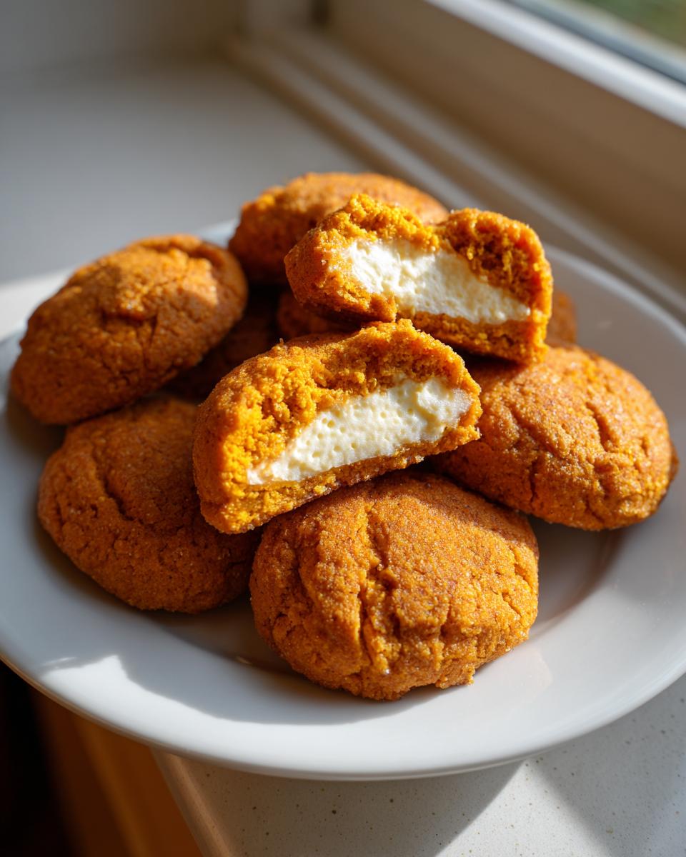 A stack of bright orange Pumpkin Cheesecake Cookies on a white plate, one cookie broken open revealing the white cream cheese center.