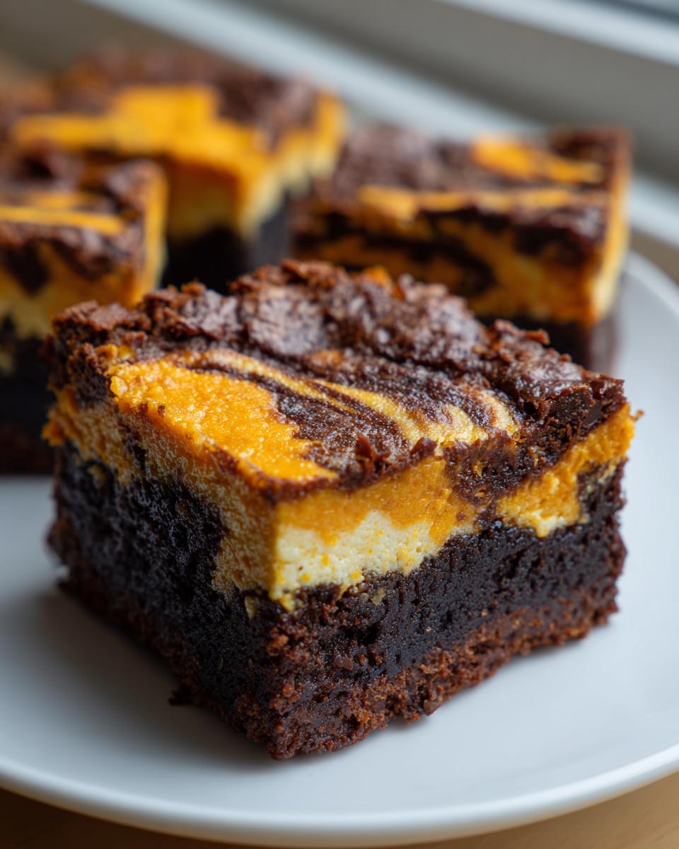 A rich, fudgy square of Pumpkin Cheesecake Swirl Brownies showing the dark chocolate base and the orange and cream marbled topping.
