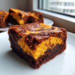 A close-up of a rich, fudgy square of Pumpkin Cheesecake Swirl Brownies showing the dark chocolate base and bright orange swirl.