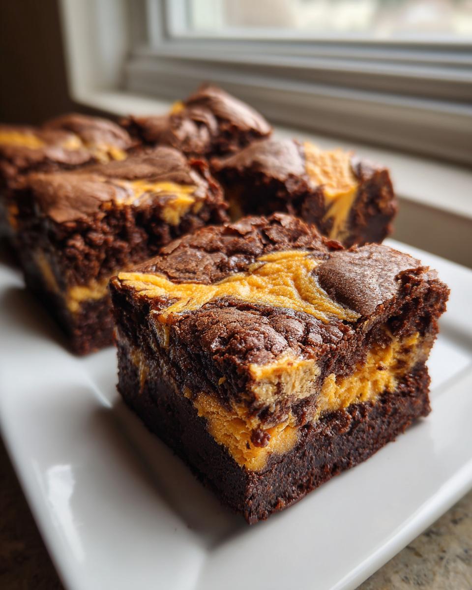 A close-up of rich, fudgy Pumpkin Cheesecake Swirl Brownies cut into squares on a white plate.