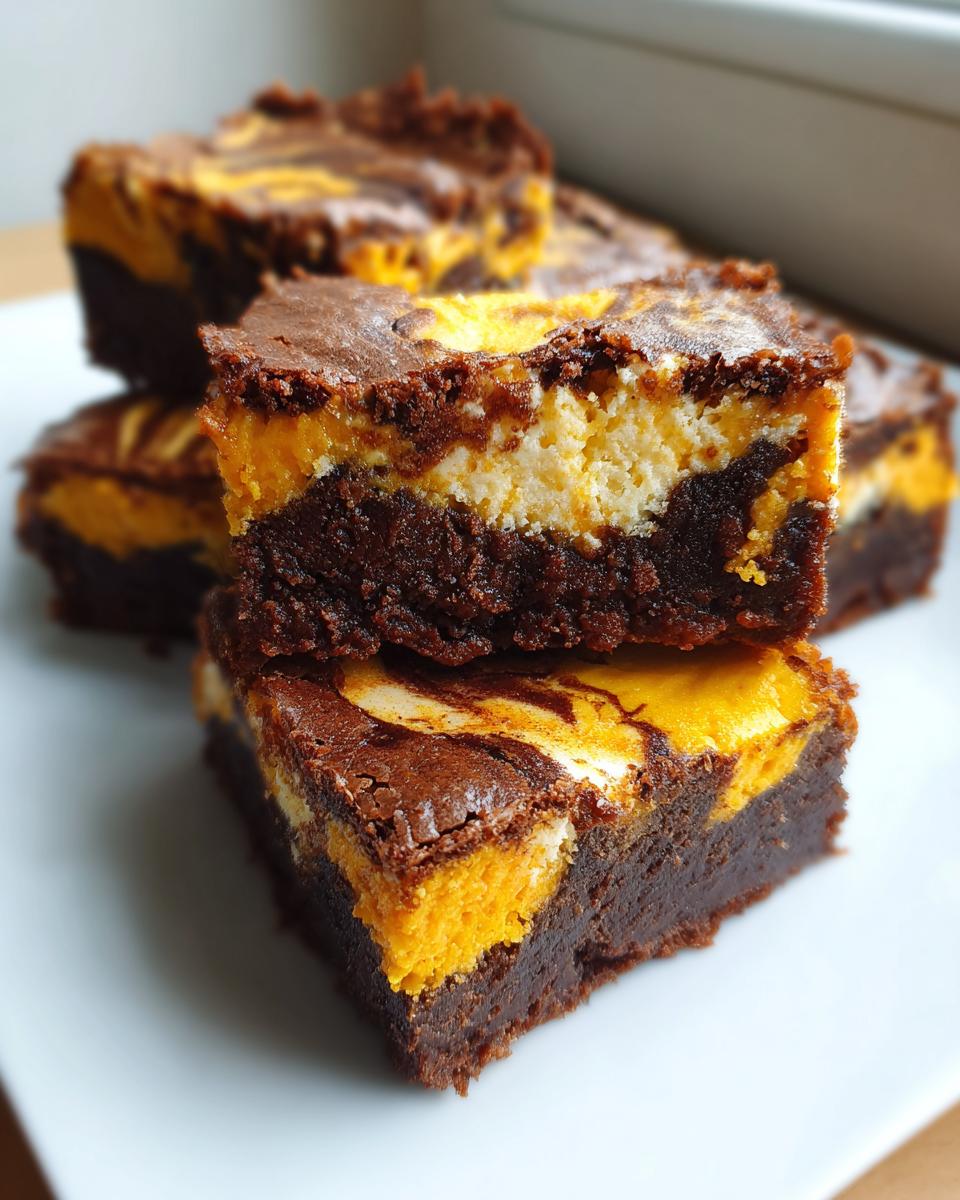 A close-up stack of rich, fudgy Pumpkin Cheesecake Swirl Brownies showing the dark chocolate base and orange/white swirl topping.