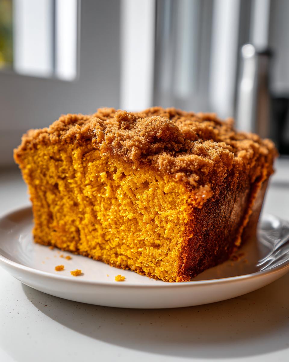 A close-up of a moist slice of bright orange Pumpkin Coffee Cake topped with a thick, brown sugar crumb topping.