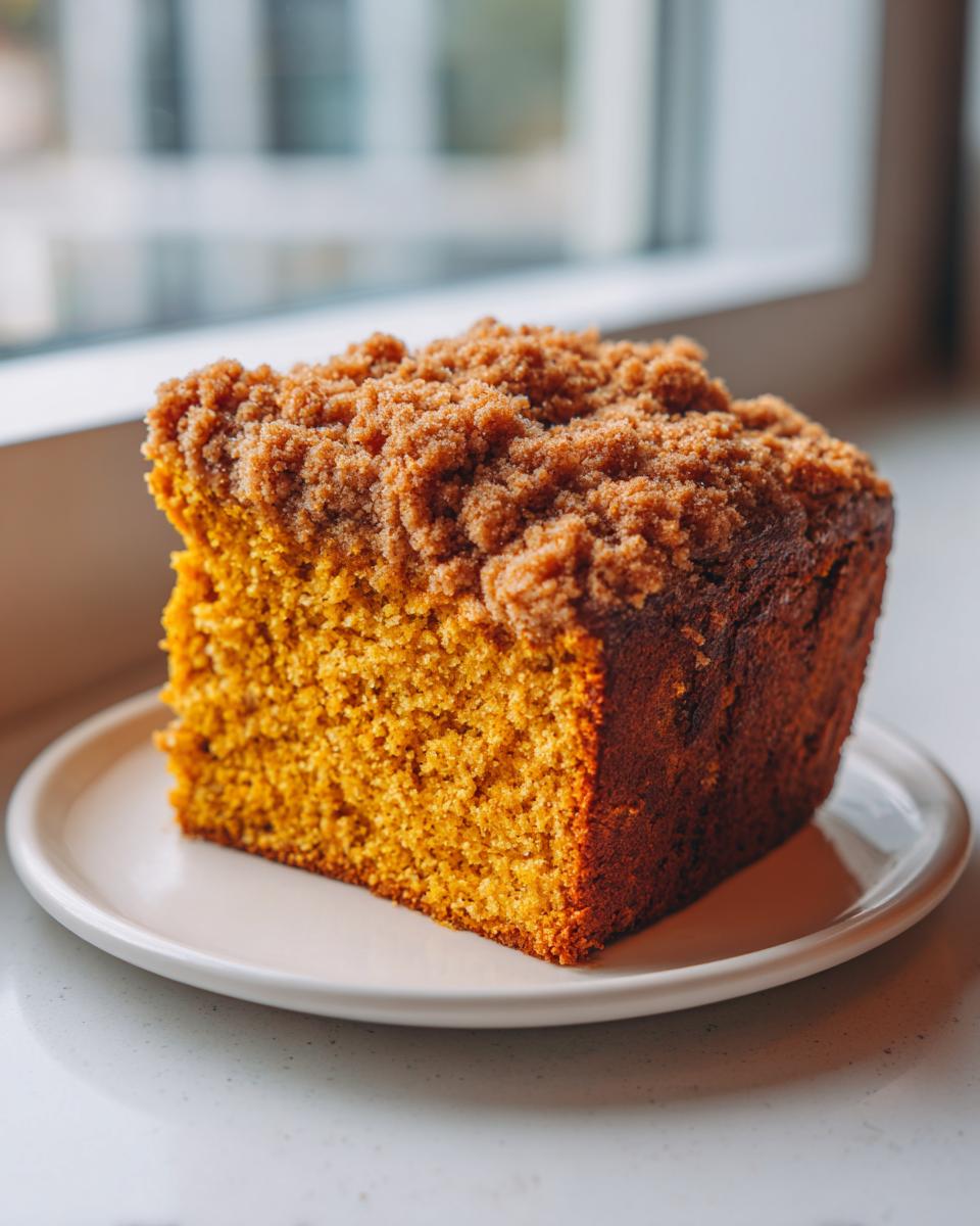 A moist, square slice of rich orange Pumpkin Coffee Cake topped with thick brown sugar streusel.