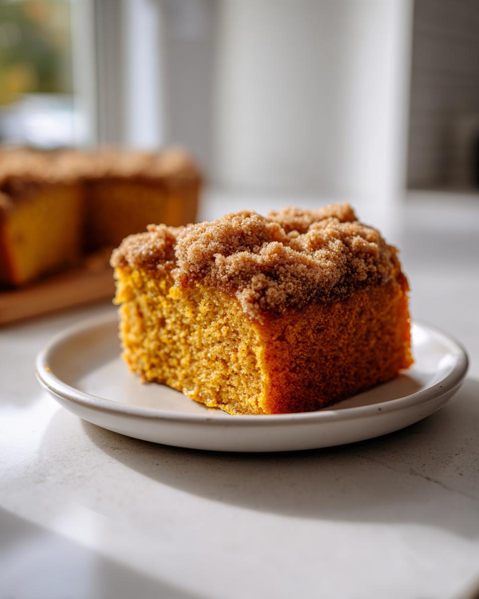 Close-up of a moist slice of orange Pumpkin Coffee Cake topped with brown sugar streusel.