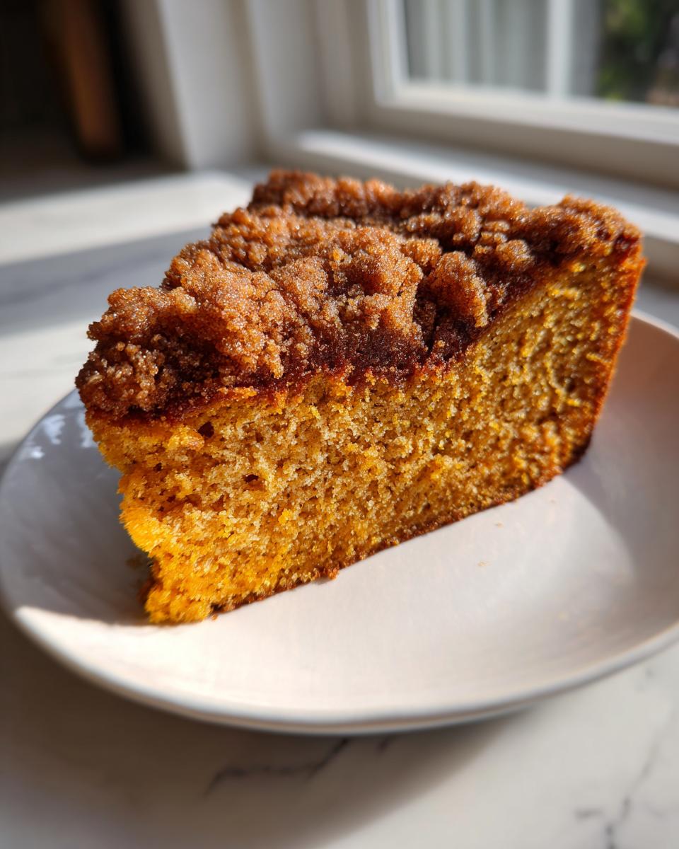 A close-up of a moist slice of Pumpkin Coffee Cake featuring a thick, cinnamon-sugar crumb topping.