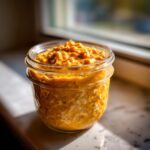 Close-up of Pumpkin Spice Overnight Oats in a glass jar, topped with spice.