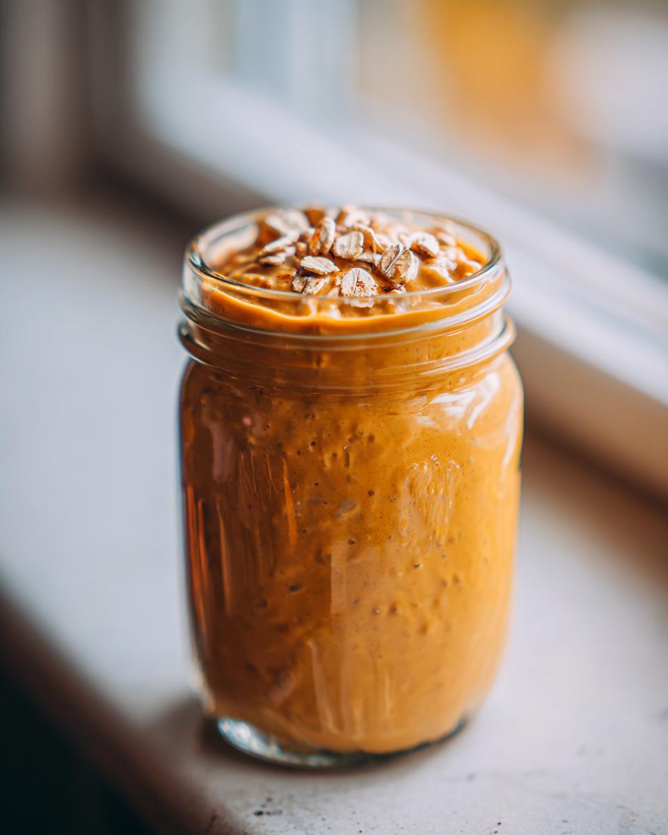 A close-up of Pumpkin Spice Overnight Oats in a glass jar, topped with rolled oats.