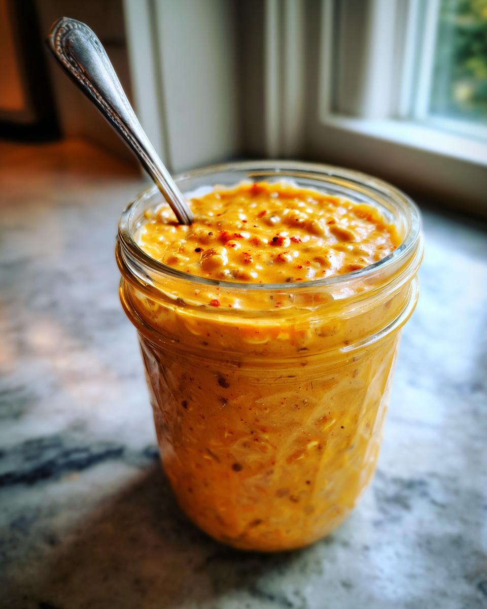 Close-up of Pumpkin Spice Overnight Oats in a glass jar with a spoon, showing the creamy orange texture.