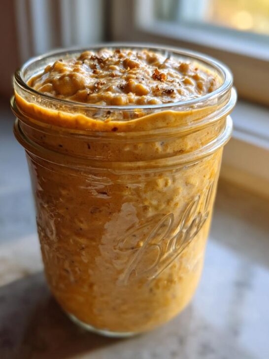 A close-up of creamy Pumpkin Spice Overnight Oats served in a glass mason jar, topped with spices.