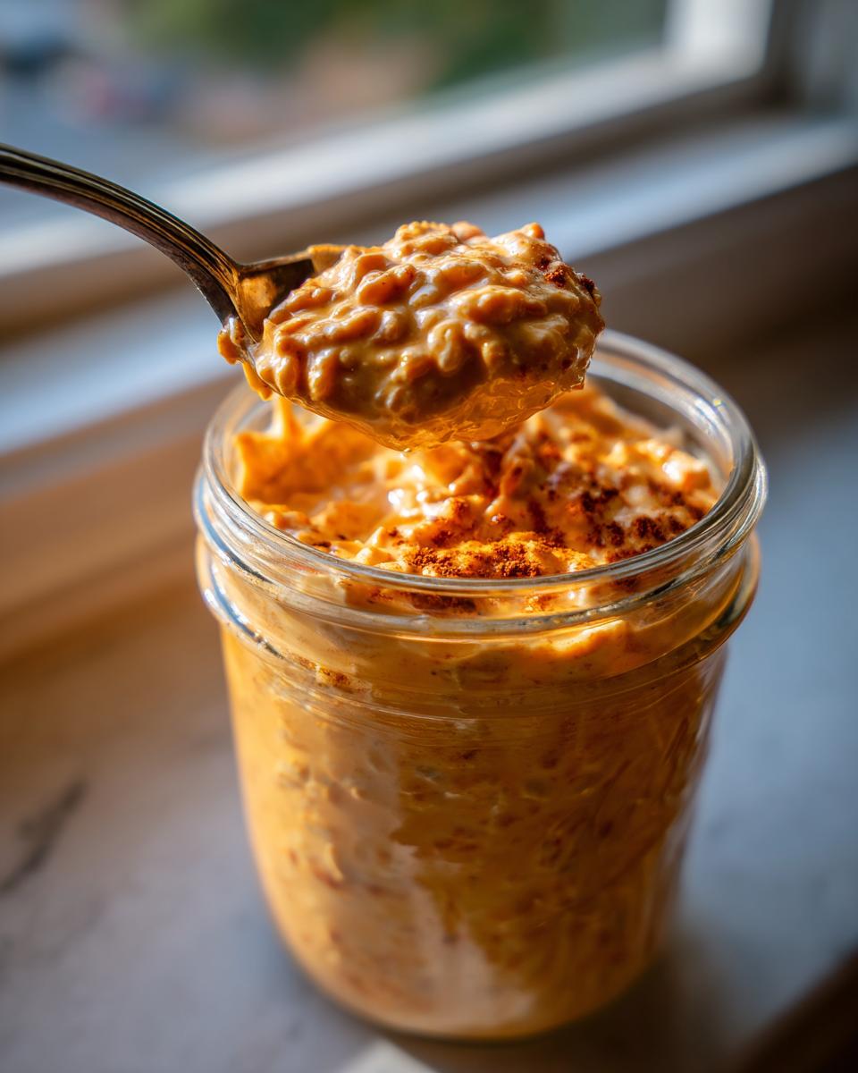 A spoonful of creamy Pumpkin Spice Overnight Oats being lifted from a glass jar, topped with cinnamon.