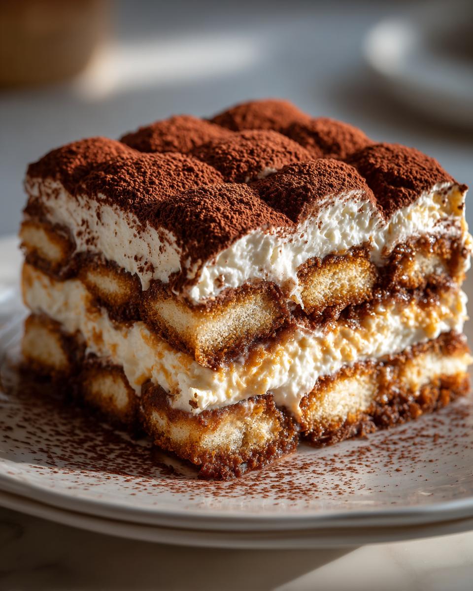 Close-up of a layered slice of Pumpkin Spice Tiramisu topped generously with cocoa powder.