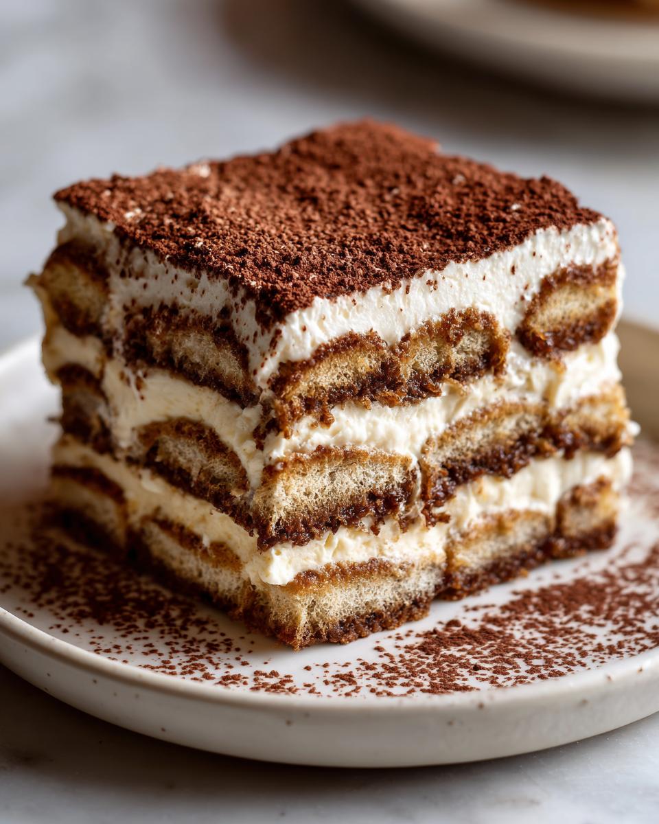 A perfect square slice of Pumpkin Spice Tiramisu layered with cream and soaked ladyfingers, topped with cocoa powder.