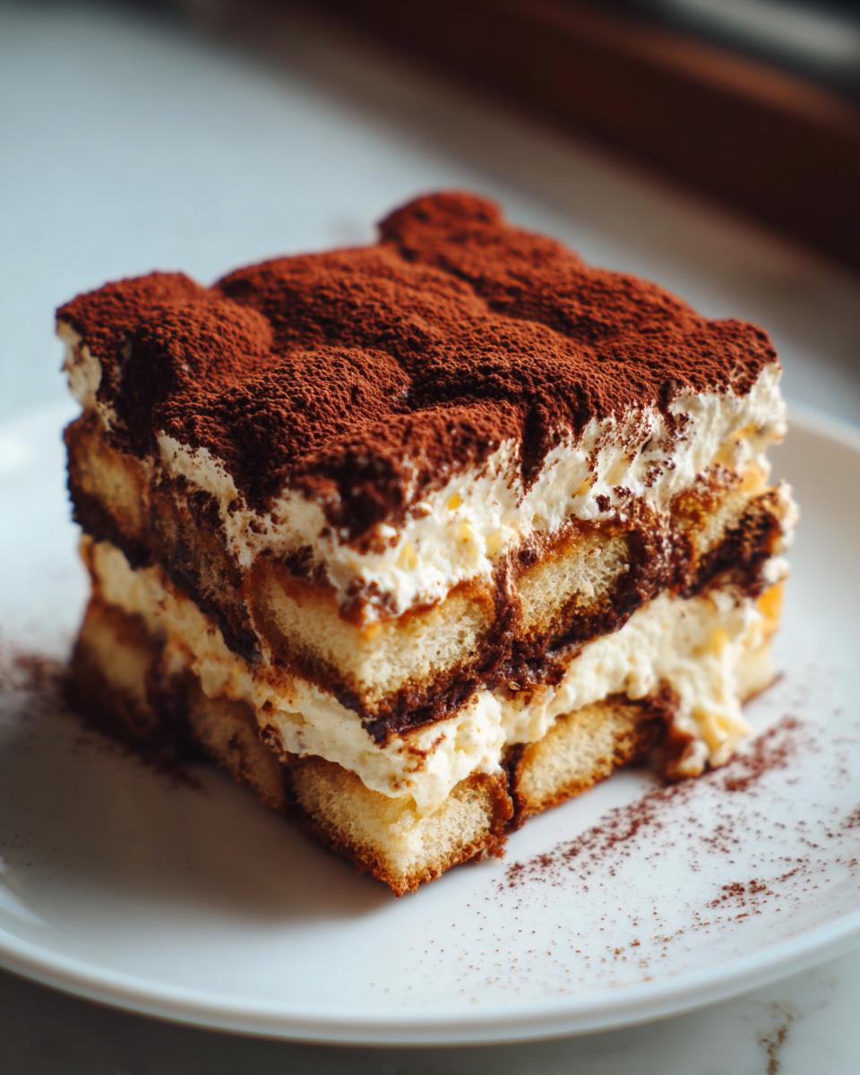 A perfect square slice of Pumpkin Spice Tiramisu layered with cream and ladyfingers, dusted heavily with cocoa powder.