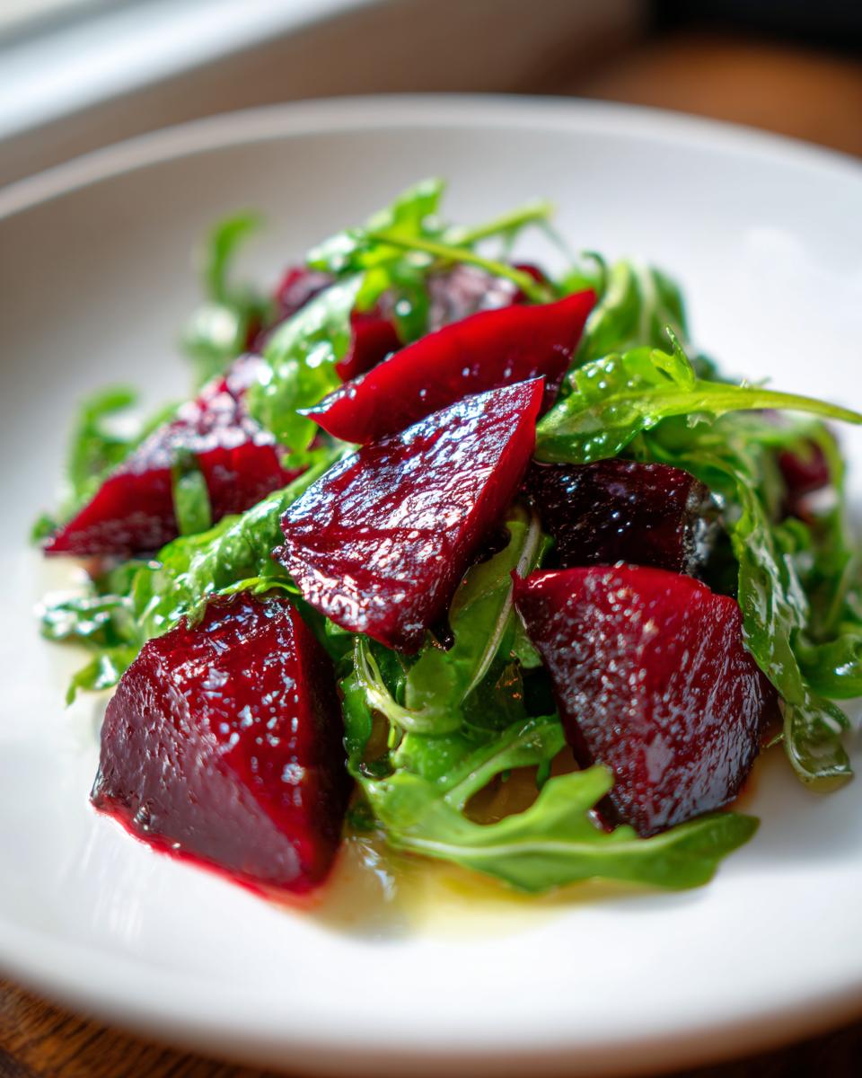 Close-up of vibrant Roasted Beet And Arugula Salad featuring glossy, deep red beet chunks mixed with bright green arugula leaves.