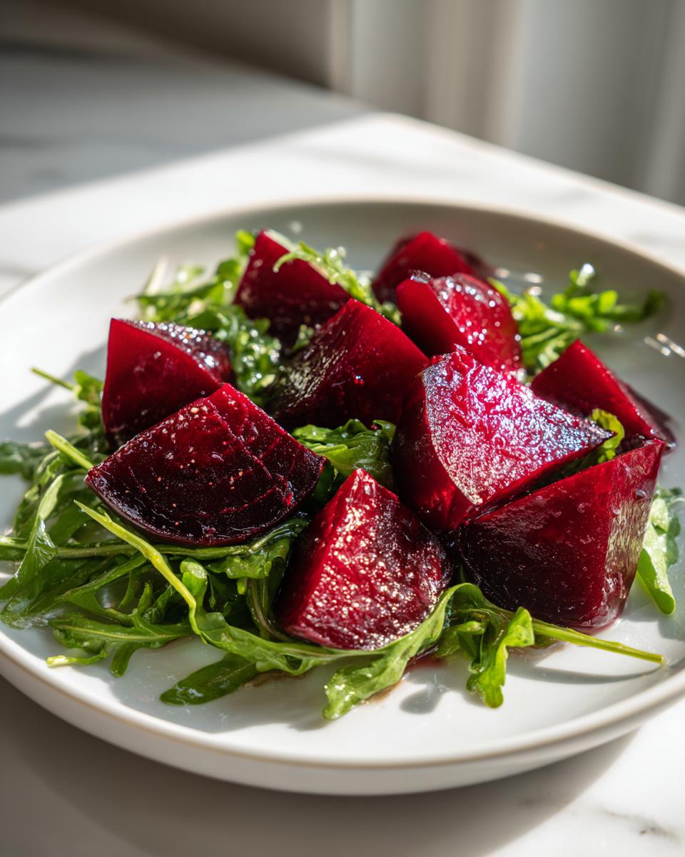 Close-up of vibrant Roasted Beet And Arugula Salad featuring glossy, deep red beet wedges over fresh green arugula.