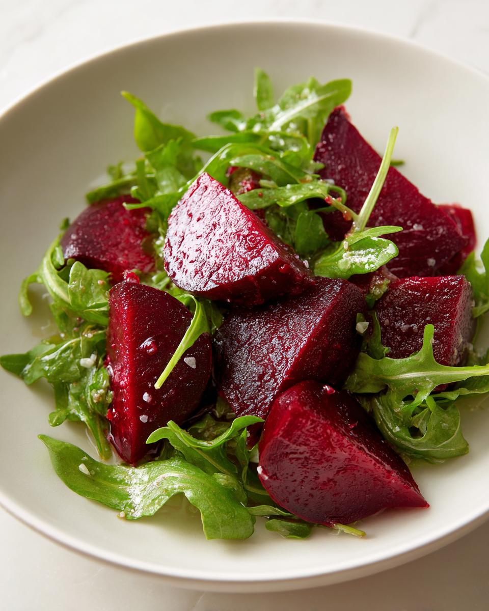 Close-up of a vibrant Roasted Beet And Arugula Salad featuring deep red beet wedges tossed with fresh arugula leaves and visible salt crystals.