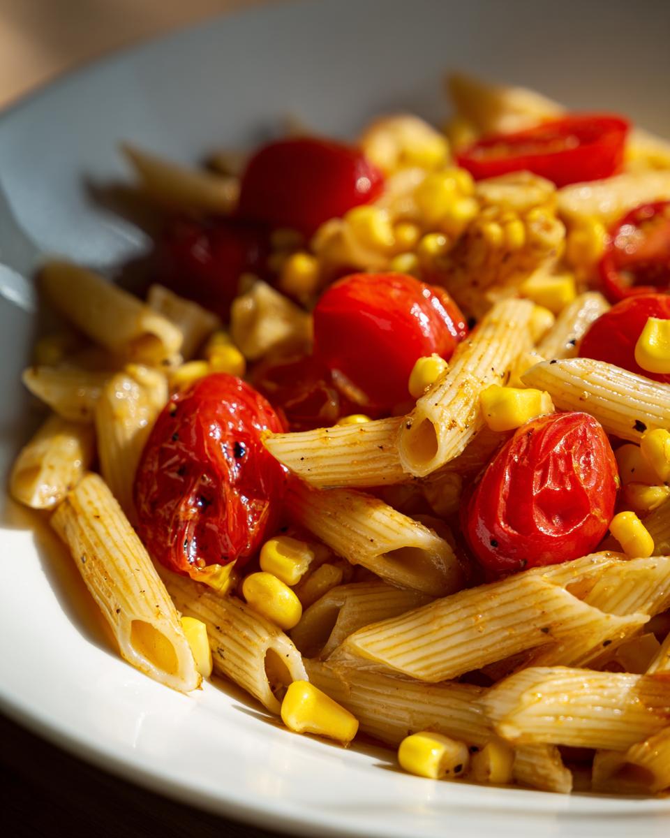 Close-up of penne pasta mixed with bright yellow roasted corn kernels and blistered cherry tomatoes in a Roasted Corn And Tomato Pasta Salad.