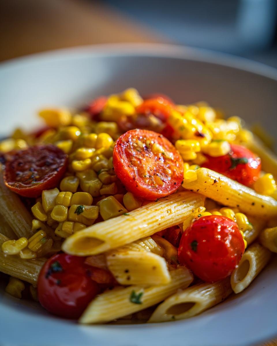 Close-up of penne pasta mixed with roasted corn kernels and halved cherry tomatoes in a white bowl.