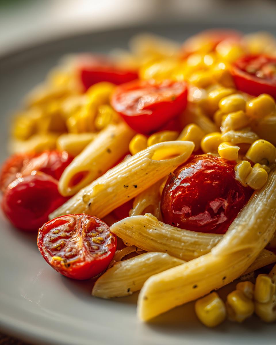 Close-up of penne pasta mixed with roasted corn kernels and halved cherry tomatoes in Roasted Corn And Tomato Pasta Salad.