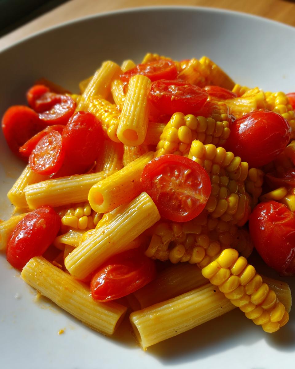 Close-up of bright yellow pasta mixed with roasted corn kernels and halved red cherry tomatoes in Roasted Corn And Tomato Pasta Salad.