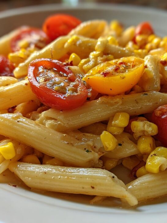 Close-up of penne pasta mixed with roasted corn kernels and halved cherry tomatoes in Roasted Corn And Tomato Pasta Salad.