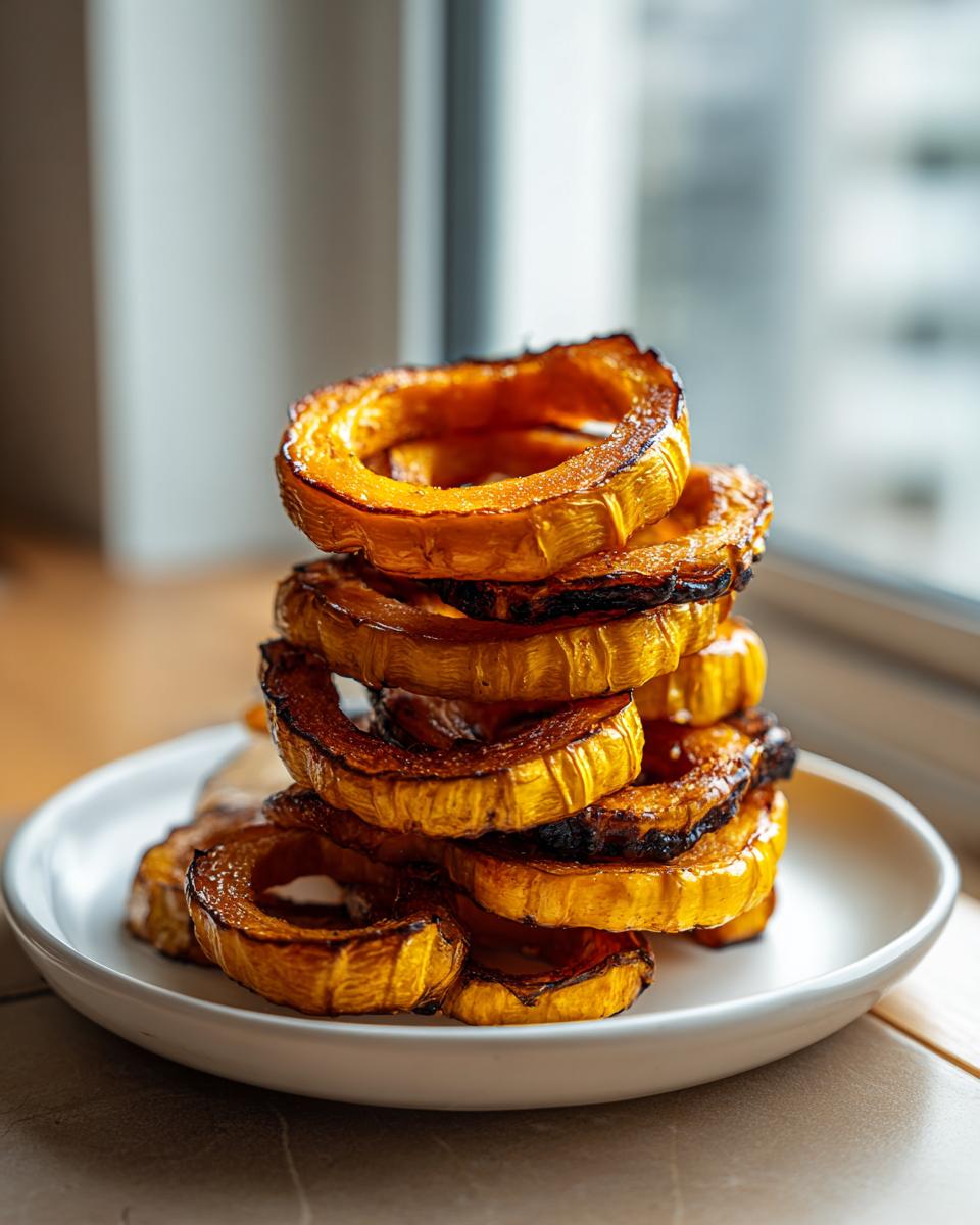 A tall stack of caramelized, roasted delicata squash rings served on a white plate.