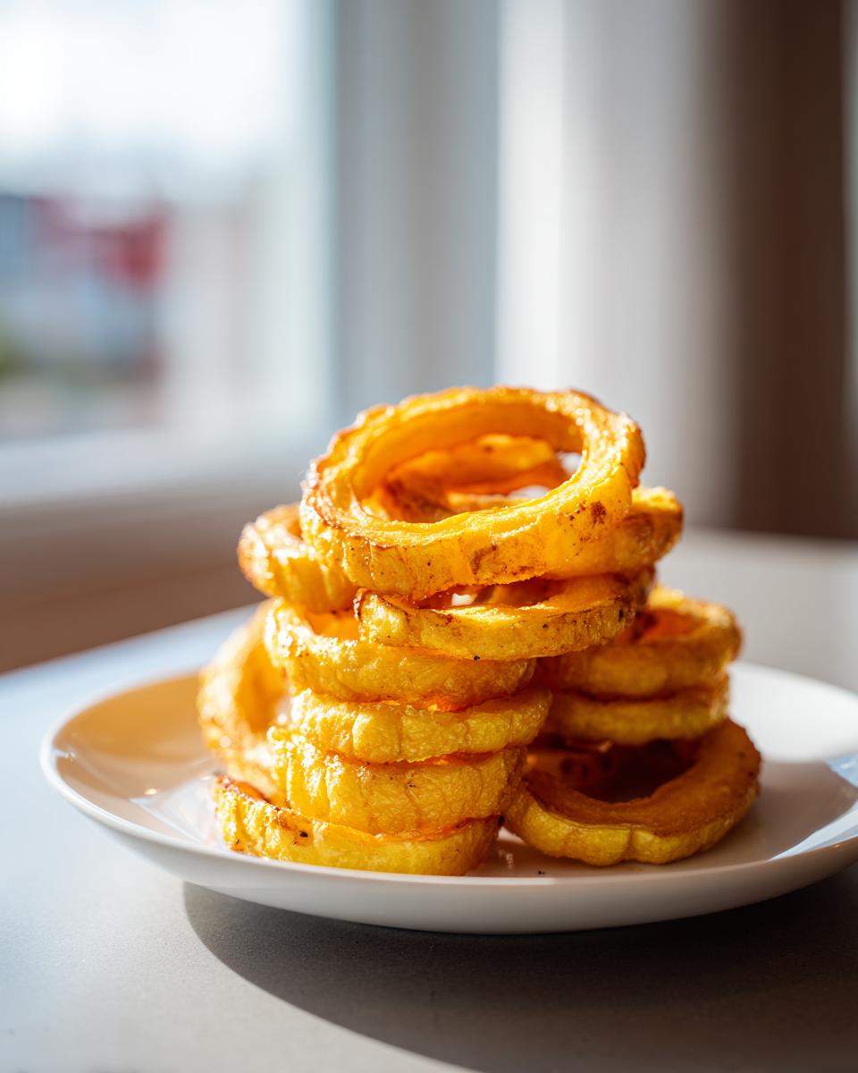 A stack of golden, perfectly Roasted Delicata Squash rings served on a small white plate.
