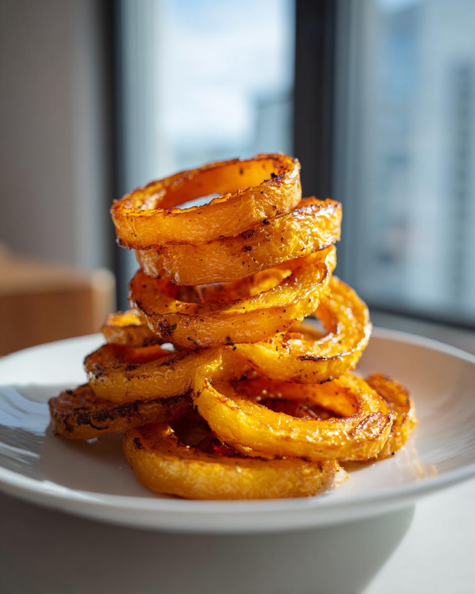 A stack of caramelized, seasoned Roasted Delicata Squash rings served on a white plate near a window.