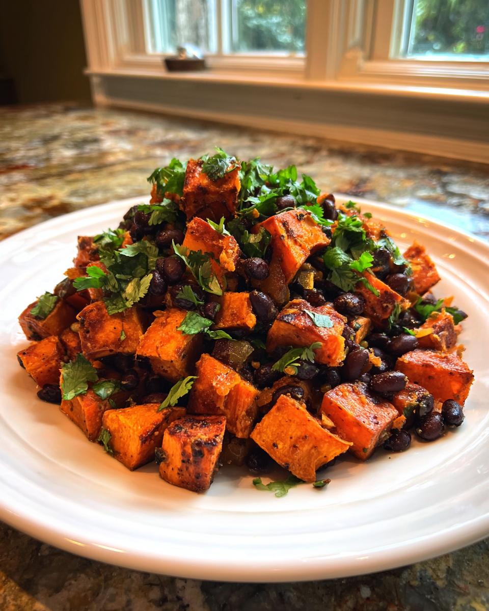 Close-up of Roasted Sweet Potato Black Bean Salad piled high on a white plate, topped with fresh cilantro.