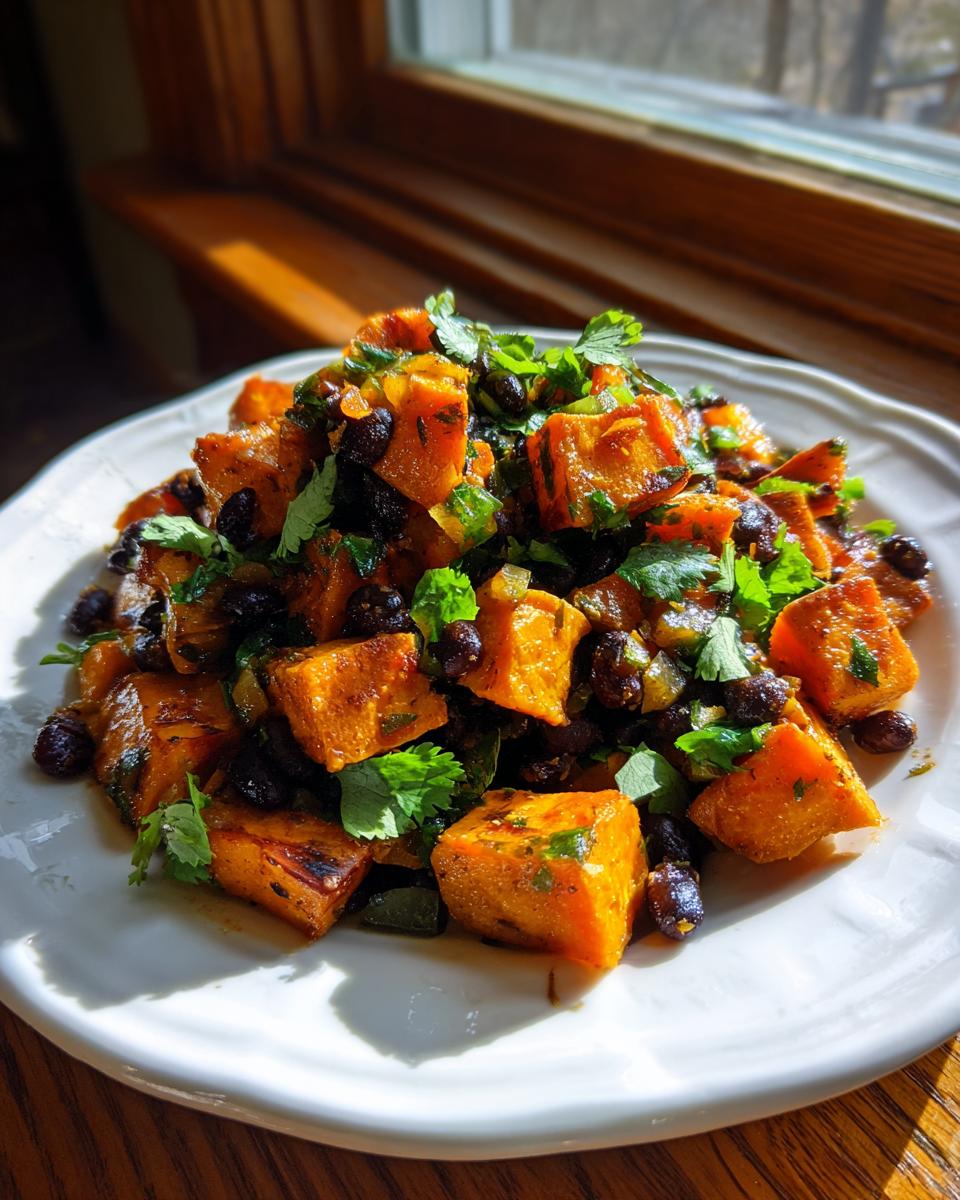 Close-up of Roasted Sweet Potato Black Bean Salad featuring bright orange cubes and black beans, garnished with cilantro.