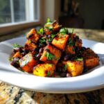 A close-up of Roasted Sweet Potato Black Bean Salad featuring caramelized sweet potato cubes and black beans, topped with fresh cilantro.