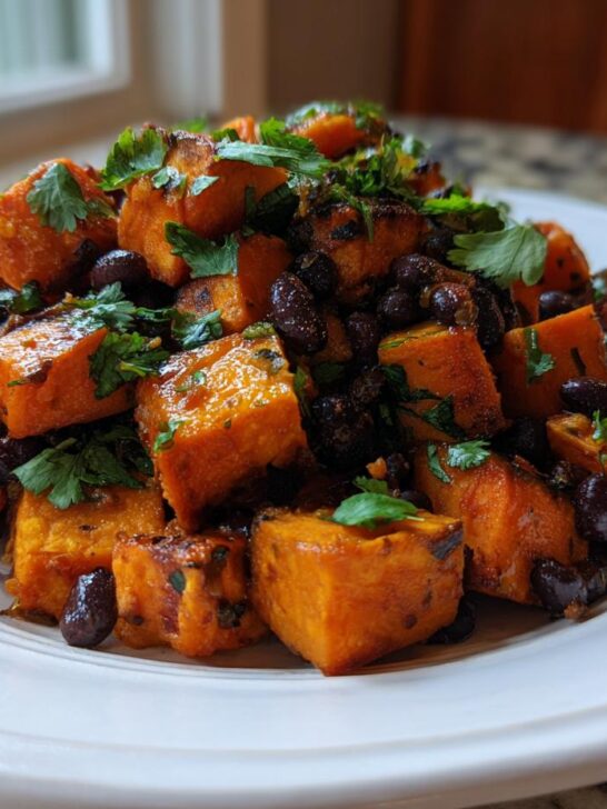 A close-up of a white plate piled high with Roasted Sweet Potato Black Bean Salad, garnished with fresh cilantro.