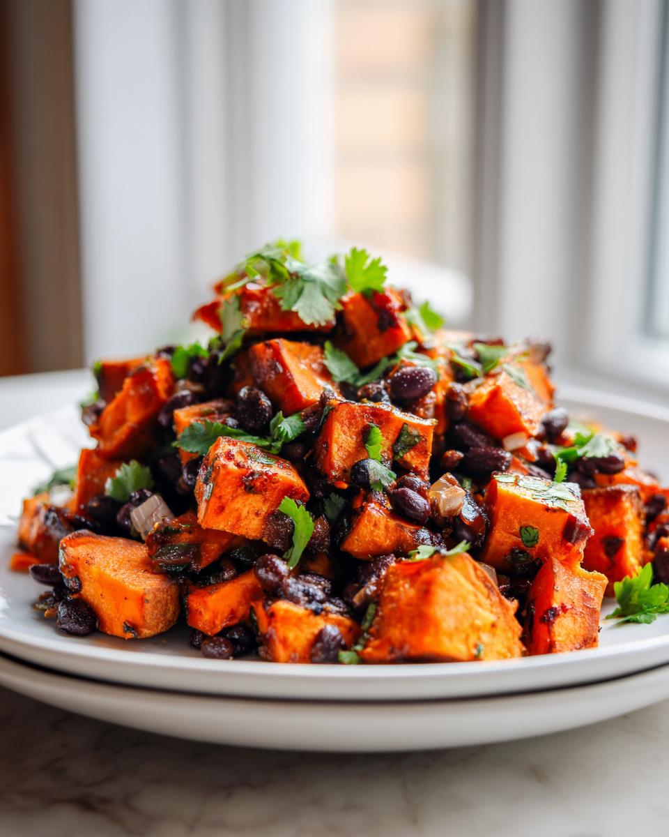 Close-up of a vibrant Roasted Sweet Potato Black Bean Salad topped with fresh cilantro.