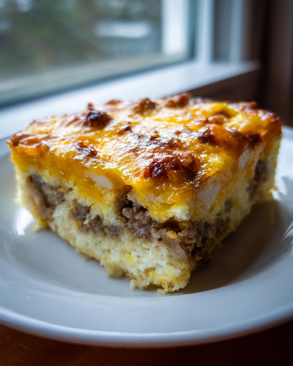 A square slice of Sausage And Egg Casserole with a browned, cheesy top, served on a white plate.