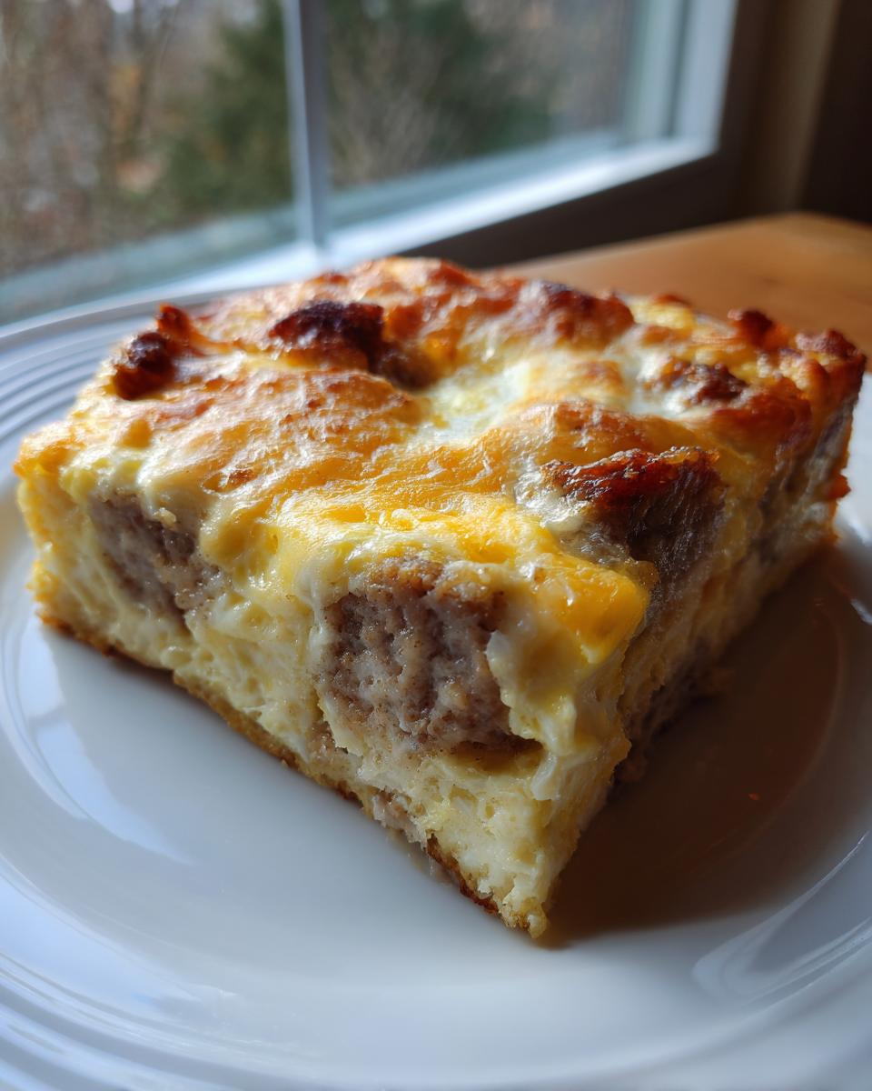 A square slice of baked Sausage And Egg Casserole with a golden, cheesy top, served on a white plate.