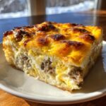 A close-up of a square slice of golden-brown Sausage And Egg Casserole on a white plate.