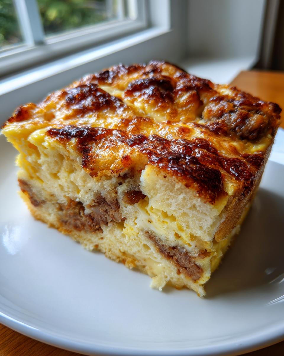 A close-up of a square slice of Sausage And Egg Casserole with a browned, cheesy top, served on a white plate.