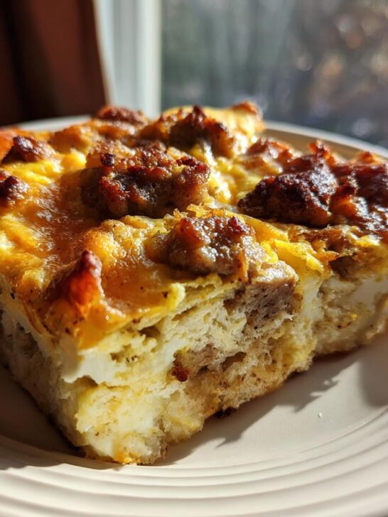 A close-up shot of a golden-brown slice of Sausage And Egg Casserole on a light plate.