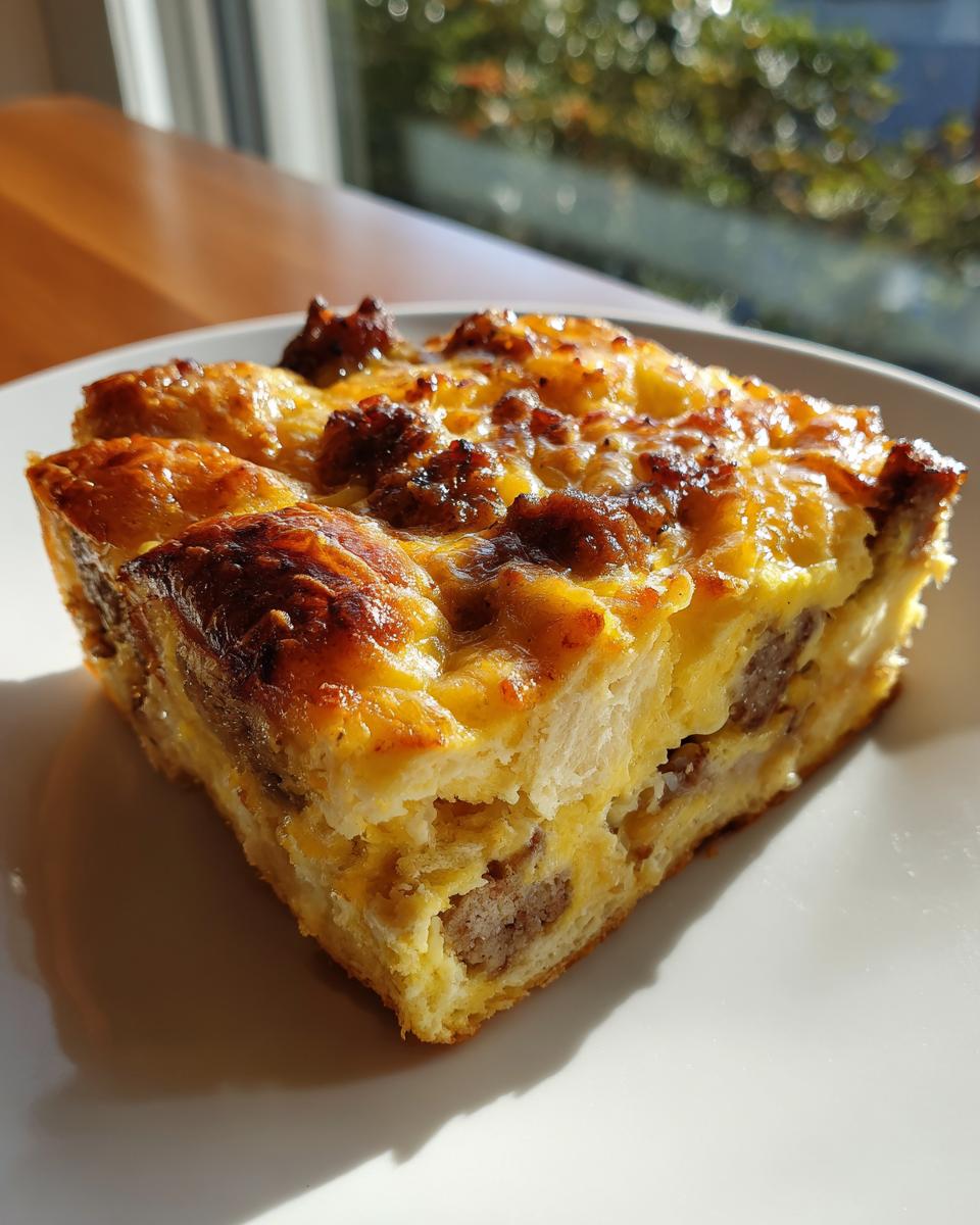 A golden-brown slice of Sausage And Egg Casserole with visible sausage pieces, served on a white plate.