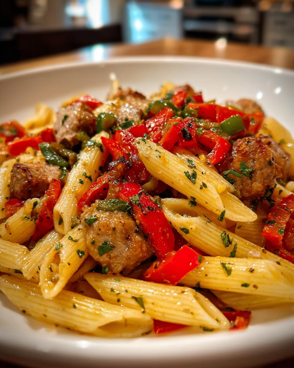Close-up of penne pasta mixed with browned sausage chunks, bright red and green peppers in Sausage And Peppers Pasta.