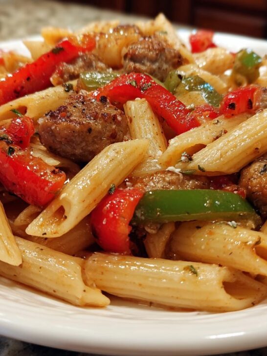 A close-up of a serving of Sausage And Peppers Pasta featuring penne, browned sausage chunks, and bright red and green bell peppers.