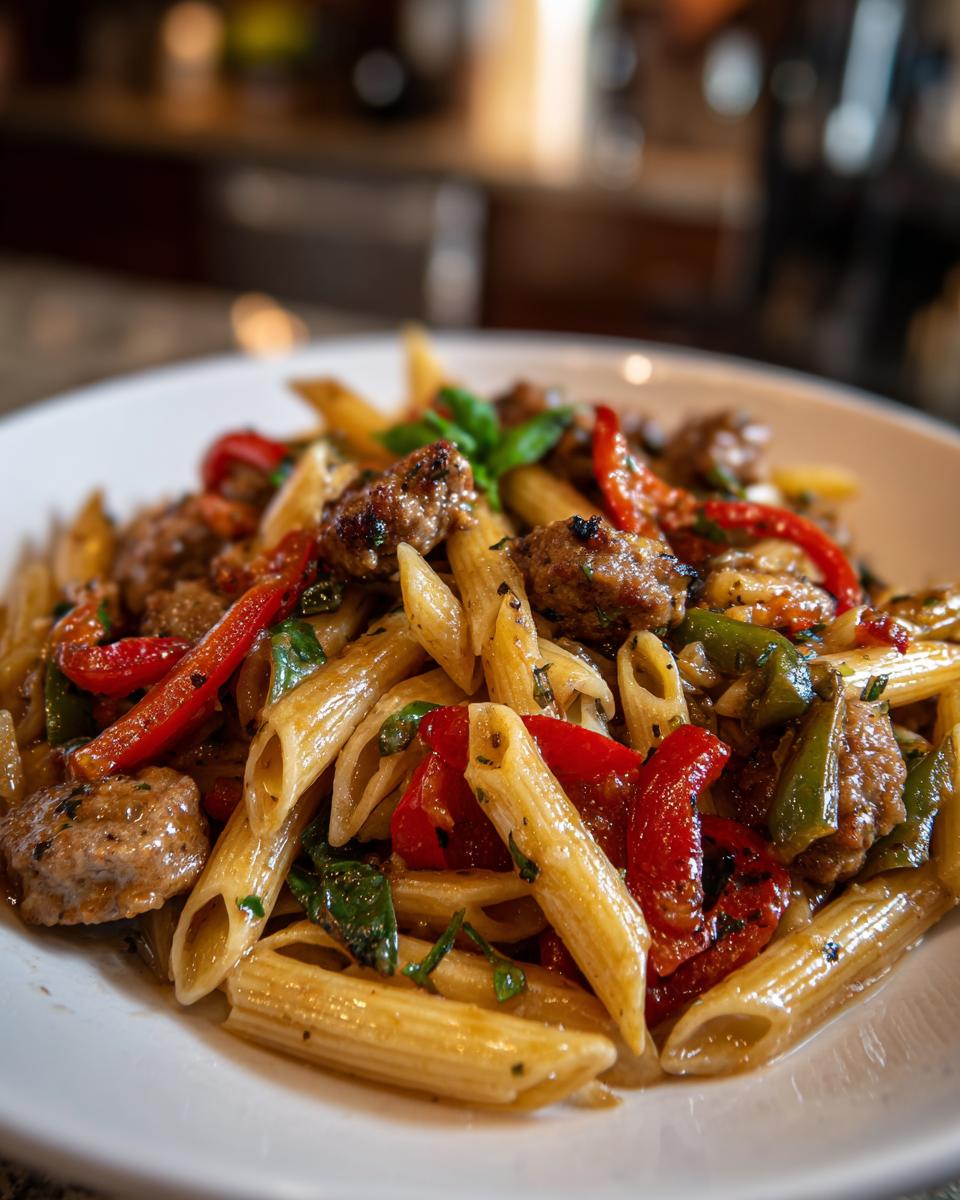A close-up shot of a white bowl filled with vibrant Sausage And Peppers Pasta featuring penne, browned sausage chunks, and sliced red and green peppers.