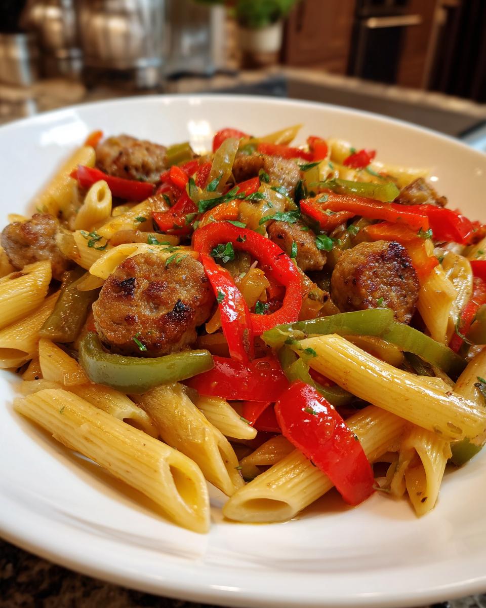 A close-up of a white bowl filled with Sausage And Peppers Pasta, featuring penne, sliced sausage, and vibrant red and green bell peppers.