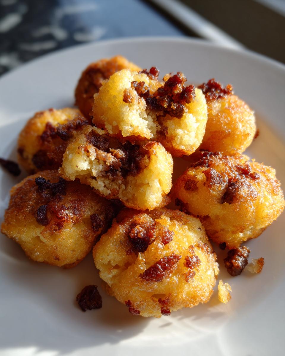 Close-up of golden brown Sausage Pancake Bites piled on a white plate, one is broken open showing the savory sausage filling.