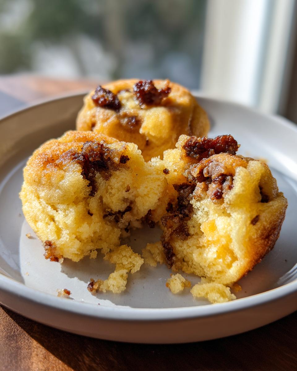 A close-up of one of the Sausage Pancake Bites broken open, showing the fluffy interior and sausage topping.